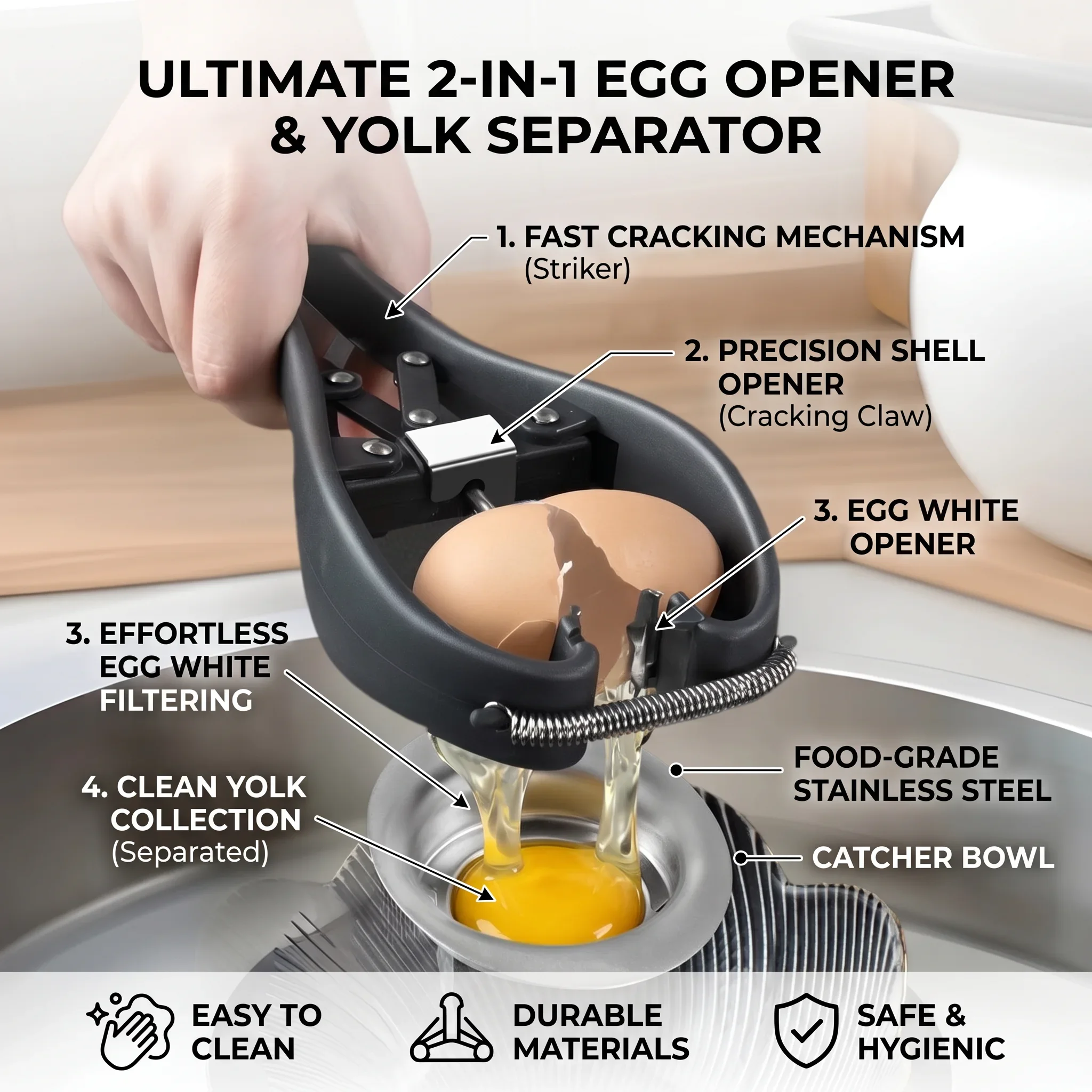 Handheld Egg Opener Cracker Separator with Egg Yolk White Separator Eggshell Cutter Quick Egg Cracking Tool for Kitchen Baking