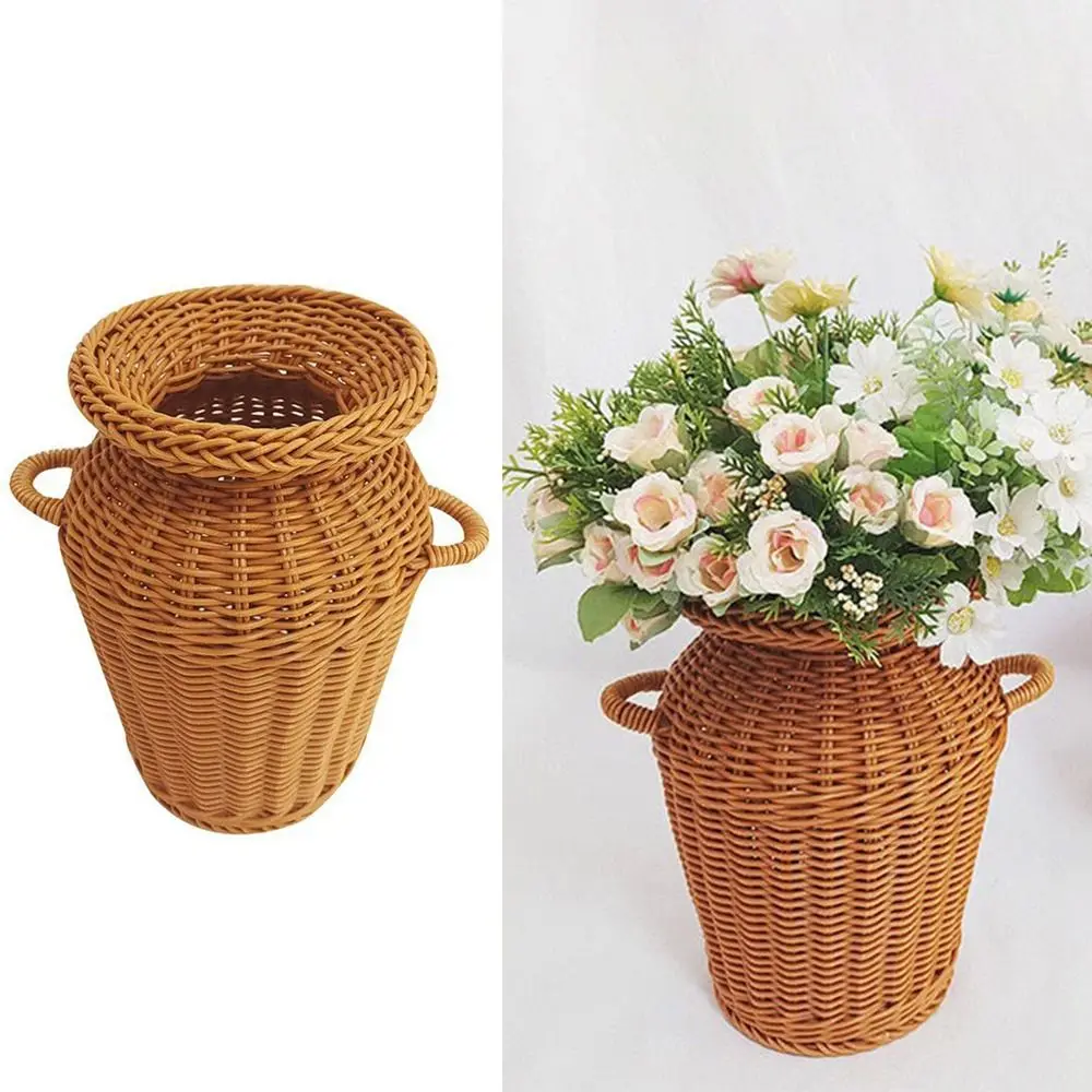 New Brown Weaving Flowerpot Ventilation Plastic Flower Pot Ornament Home Decoration Floral Arrangement Vase For Cafe Office