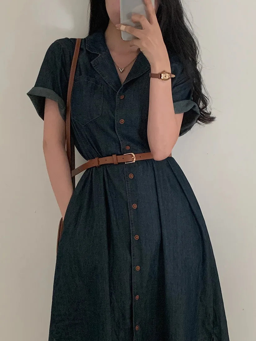 Slim Fit Vintage Summer Chic Button up Waist Cinched ort Sve Denim Dr Women with Belt Bow Tie irt Collar Dr