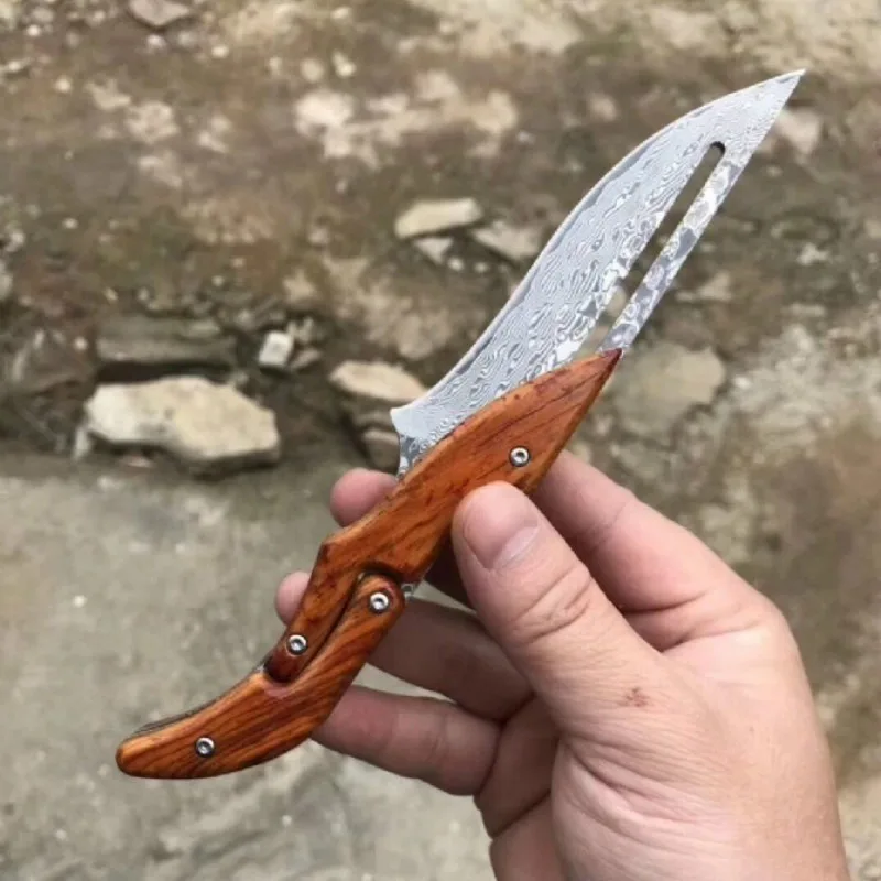 Mechanical VG10 Damascus Blade Folding Knives Multifunction Outdoor Funny Knife for Hunting/fishing Collection with Wood Handle