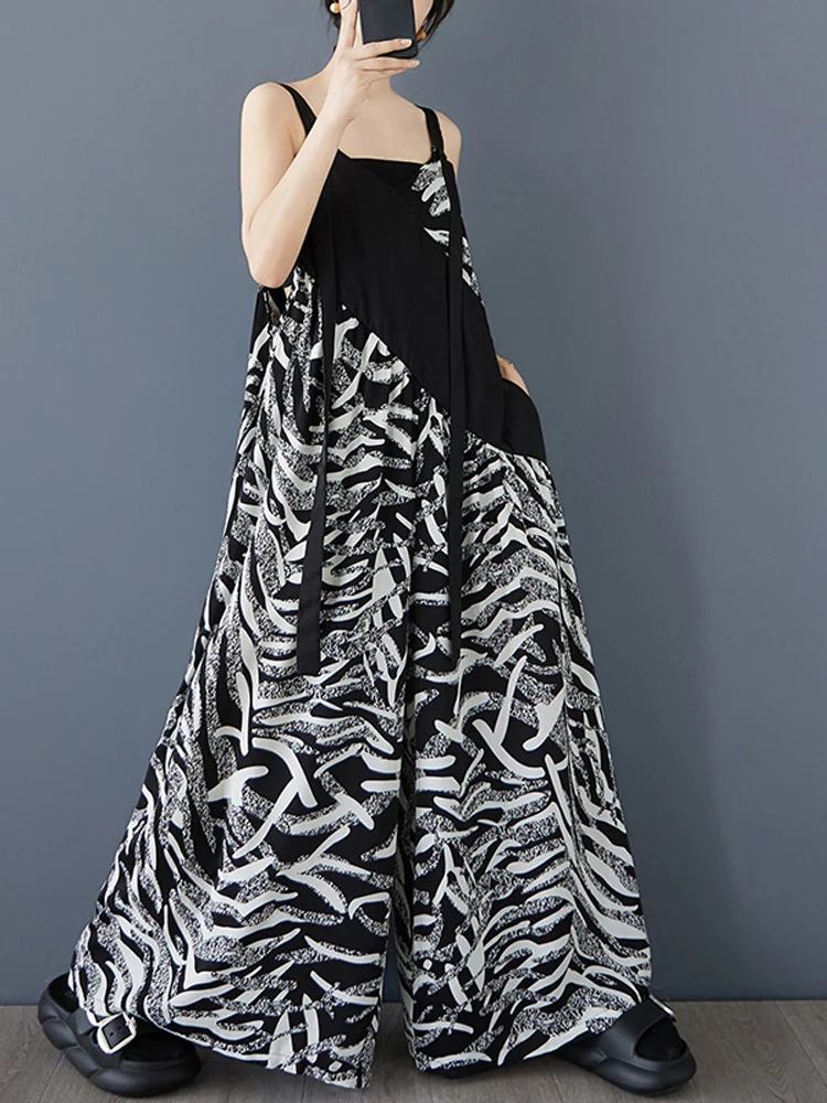 NYFS 2025 صيف جديد طباعة عموما فضفاض حجم كبير غير النظامية الربط النساء الحمالات بذلة بنطلون أنثى بنطال ذو قصة أرجل واسعة