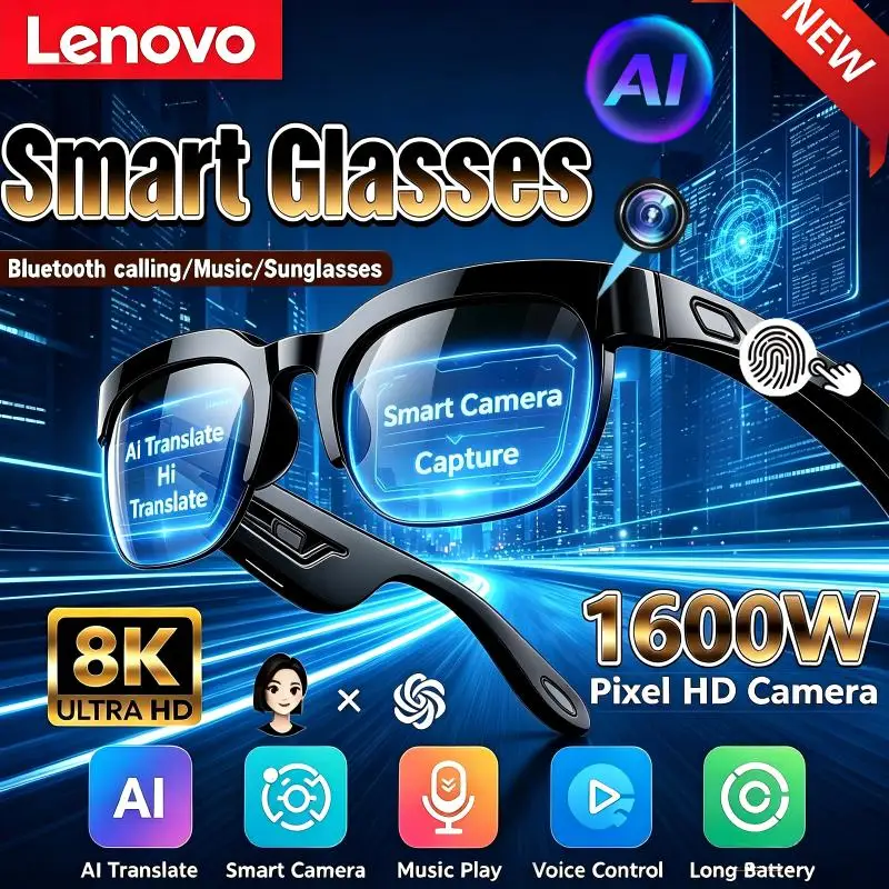 Lenovo Smart AI Glasses 1600W 8K HD AI Translation Hands-Free Calling AI Chat Logging Music Playback Smart Glasses For Men 2027