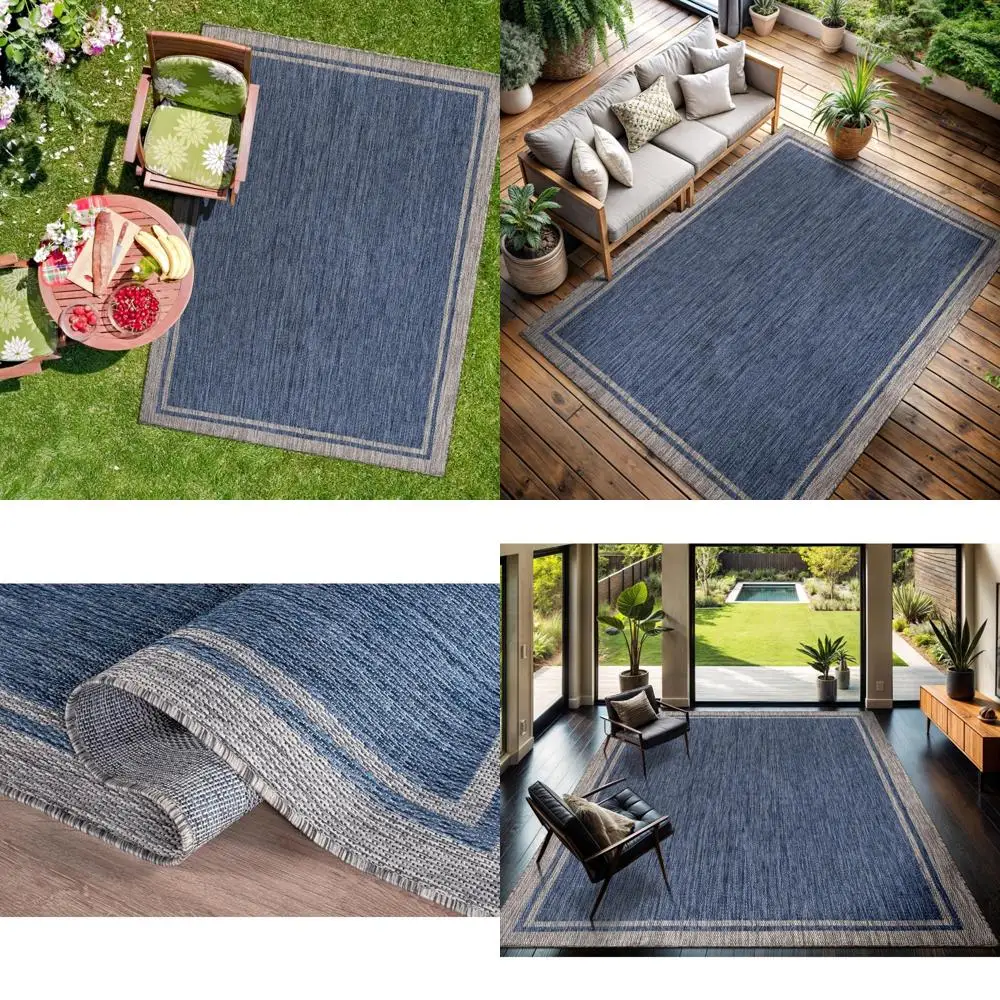 

8x10 Navy Blue Gray Modern Outdoor/Indoor Waterproof Rug, Washable Patio Area Rug