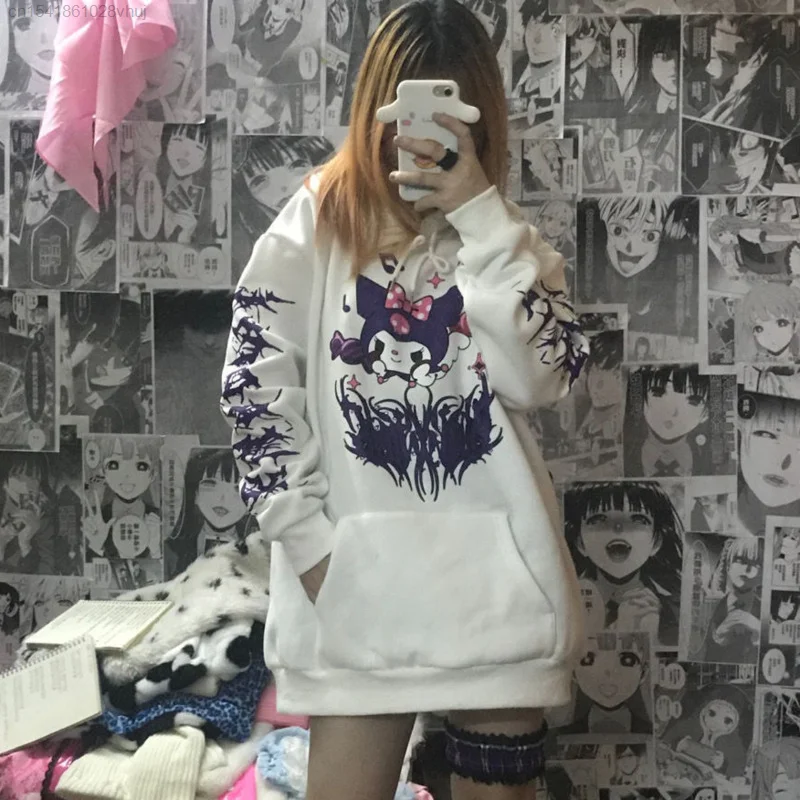 Sanrio Kuromi Y2k Japanese Punk Hoodie 2000s Autumn Winter Kawaii Anime Loose Pullover Hooded Sweater Female 90s Trend Tops Yk2