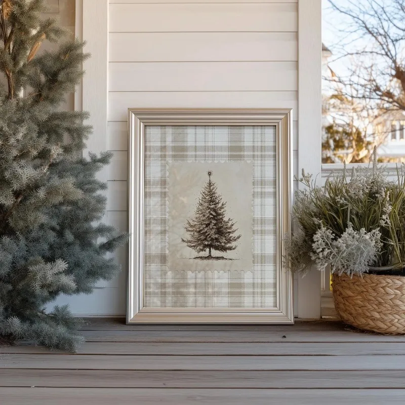 Vintage Stamp Christmas Tree Canvas Wall Art Beige Farmhouse Xmas Art Rustic Winter Home Wall Print Unframed Canvas Poster