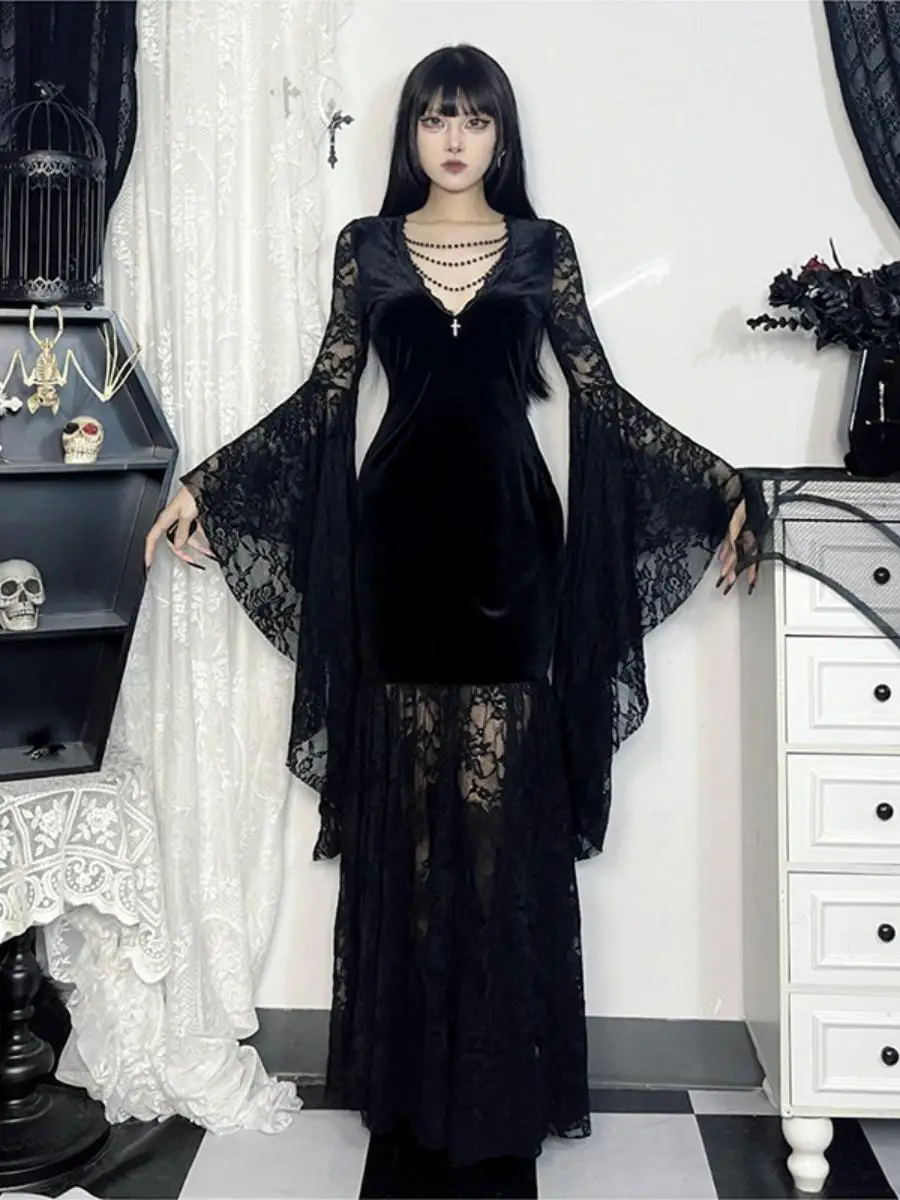 

Dark Gothic Batwing Sleeve Lace Patchwork Velvet Dress Women's Halloween New Style Autumn High Waist Long Sleeve Ball Gown
