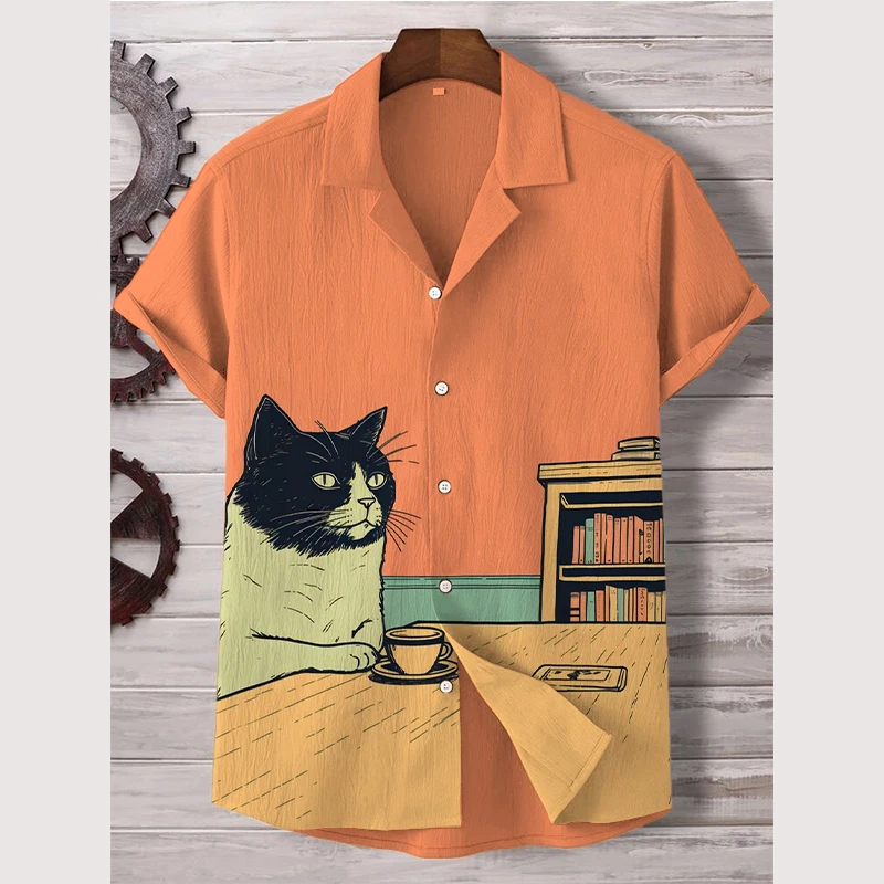Boy yaz erkek gömleği hayvan desen baskı kedi gömlek rahat kısa kollu Streetwear moda erkek giyim hırka üst
