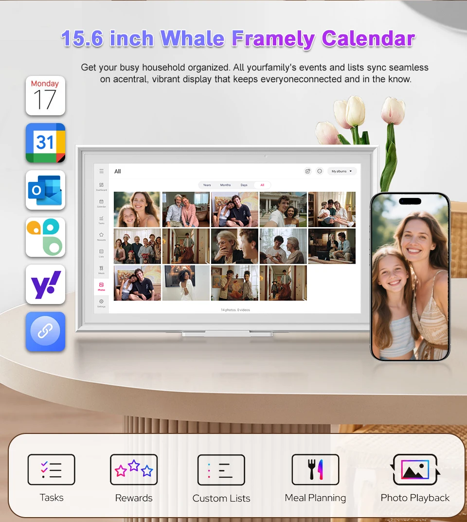 HGFRTEE 15,6-Zoll Smart Digitaler Kalender, FHD-Touchscreen-Display, Familienplaner & Digitaler Bilderrahmen, Wand-/Schreibtischmontage mit App – Detail 2