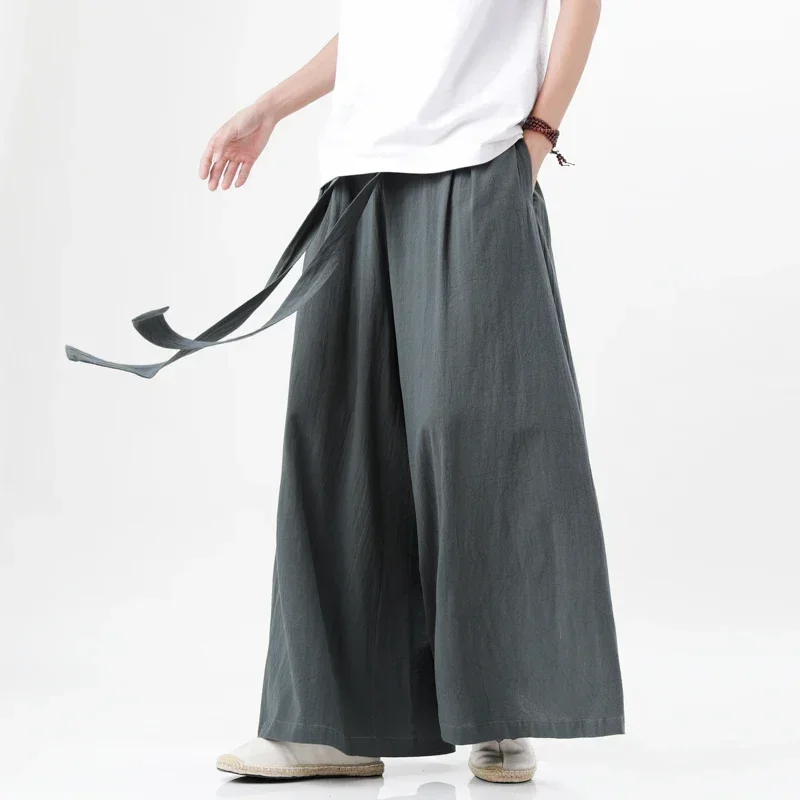 Chinese Tang Cotton Linen Trousers Men\'s Day Kimono Trousers Street Retro Wide Leg Comfortable Kung Fu Martial Arts Trousers