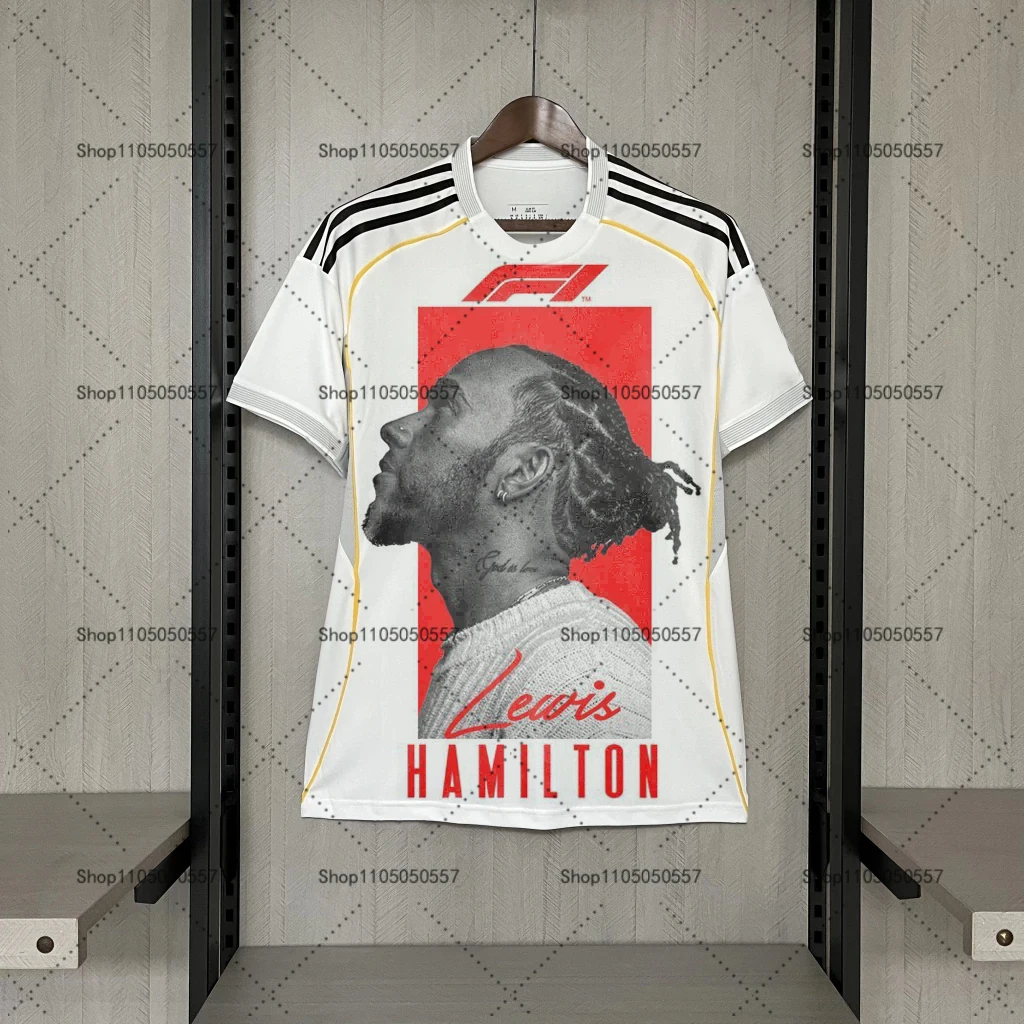 F1 لويس هاميلتون جرافيك جيرسي، قميص أبيض قصير الأكمام مع لهجات حمراء وطباعة صورة #1