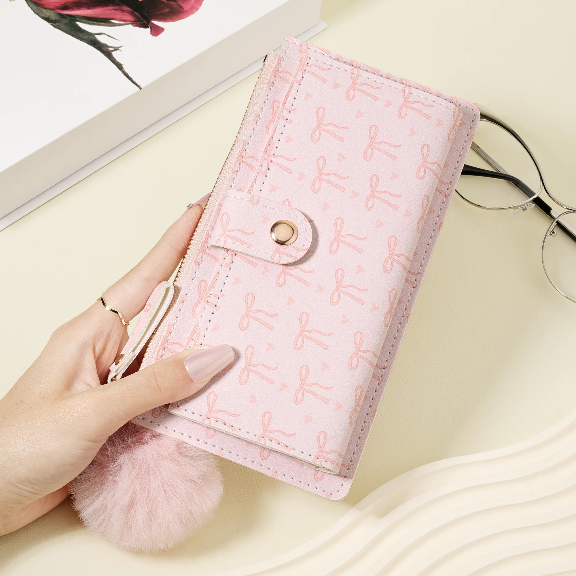 New women's long zipper wallet, With a Pom-pom Charm, Coin wallet, foldable multifunctional wallet with multiple card slots, ele