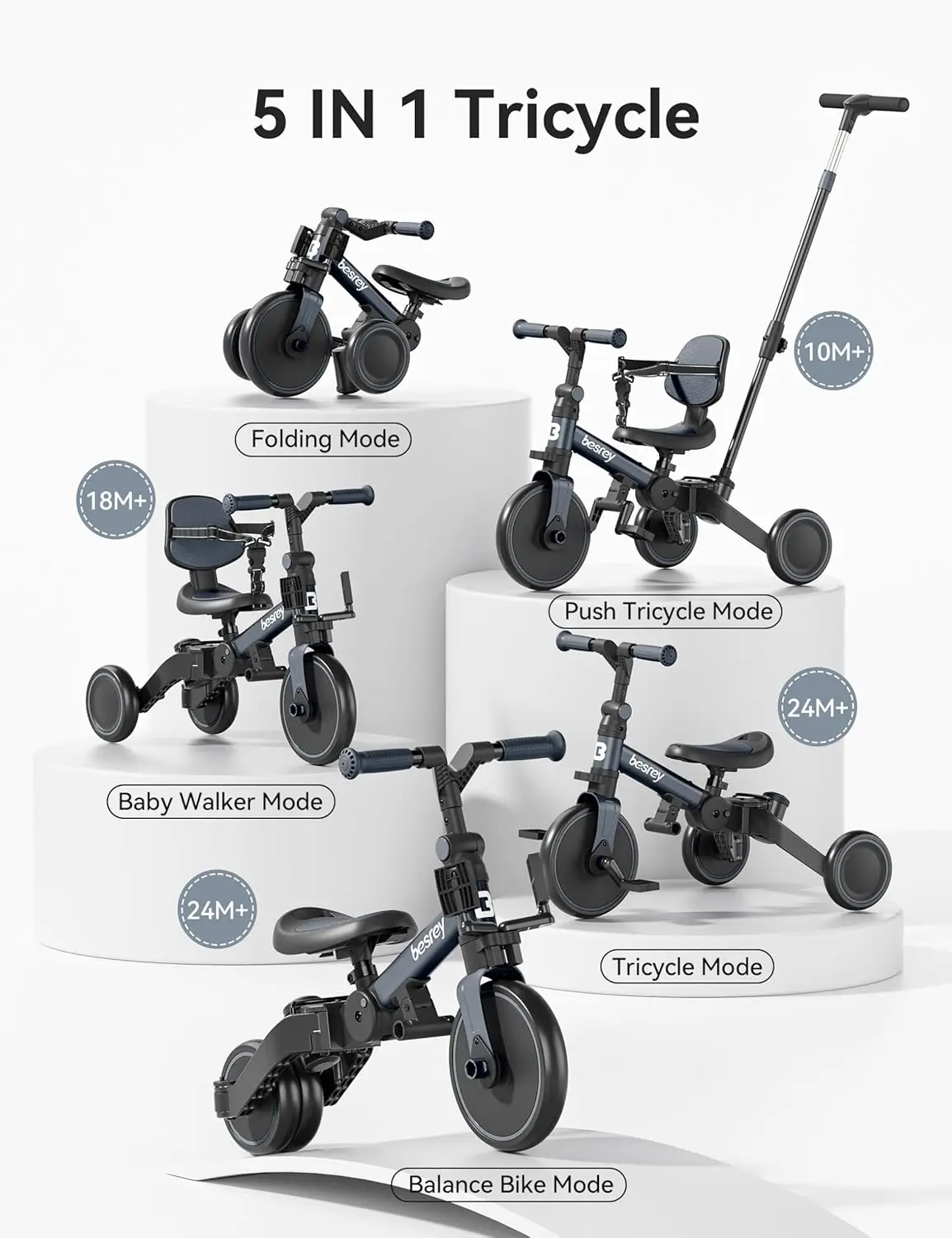 5 in 1 Toddler Bike, Toddler Tricycle for 1-3 Year Old, Trike with Push Handle, Backrest and Safety Belt, Birthday Gifts and Toy