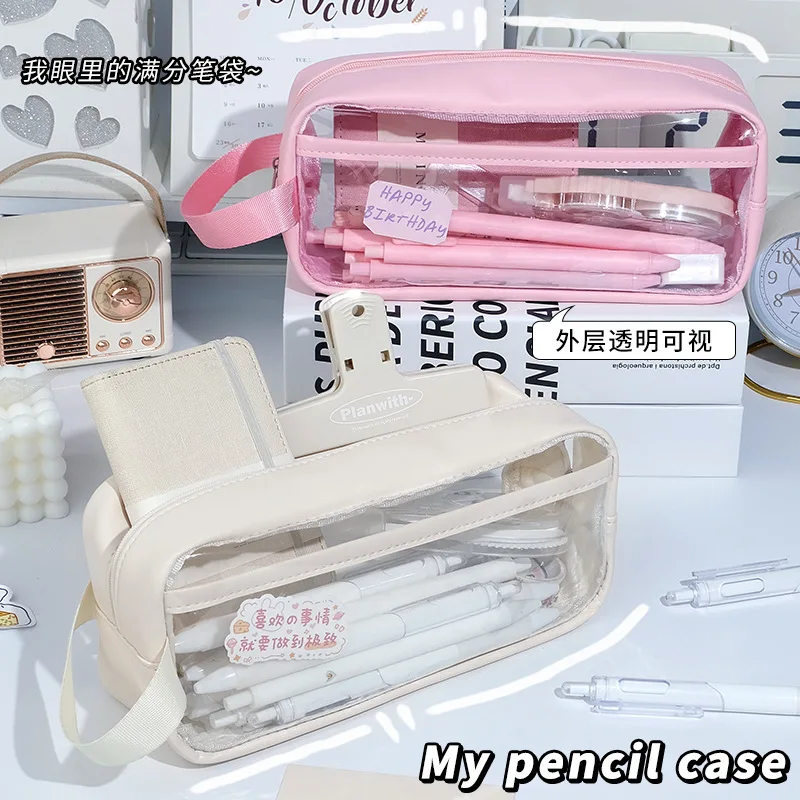 Transparent Compartment Pencil Case Large Capacity Pencil Cases Stationery Holder Kawaii Aesthetic Pencil Pouch School Supplies