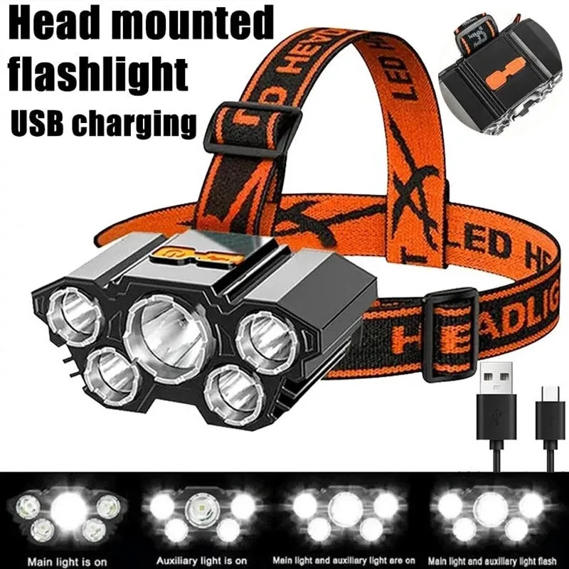 5 LED Flashlight Rechargeable with Built in Lithium Battery Strong Head Light Camping Adventure Fishing Cycling Headlamp