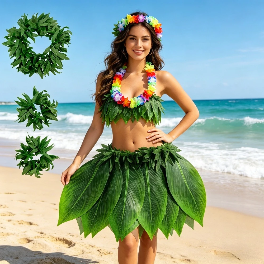 New Arrival Hawaiian Costume Set Including Flower Crown Headband Bracelet Marijuana Leaf & Lace Leaf Skirt Suitable