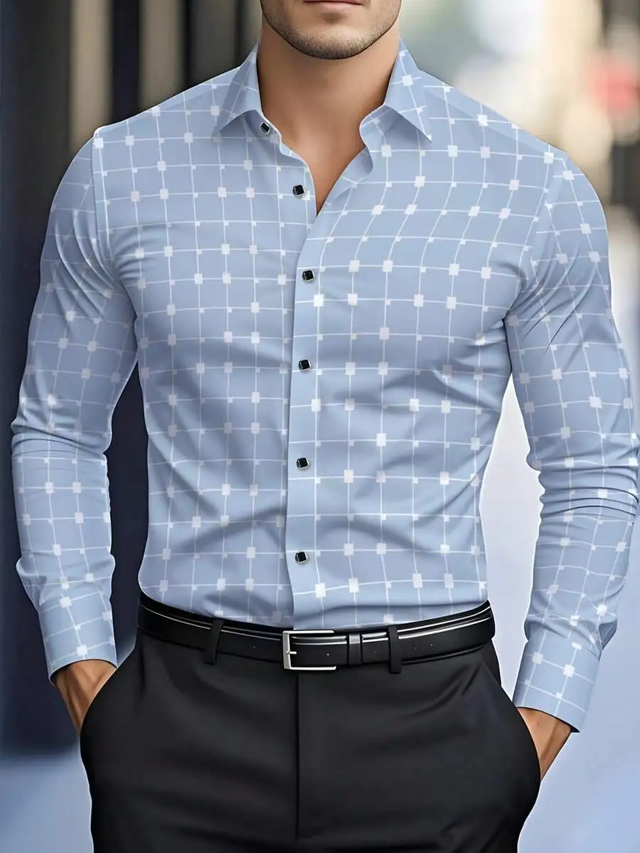 

Мужская светло-голубая рубашка с геометрическим принтом в клетку, с длинным рукавом, повседневная