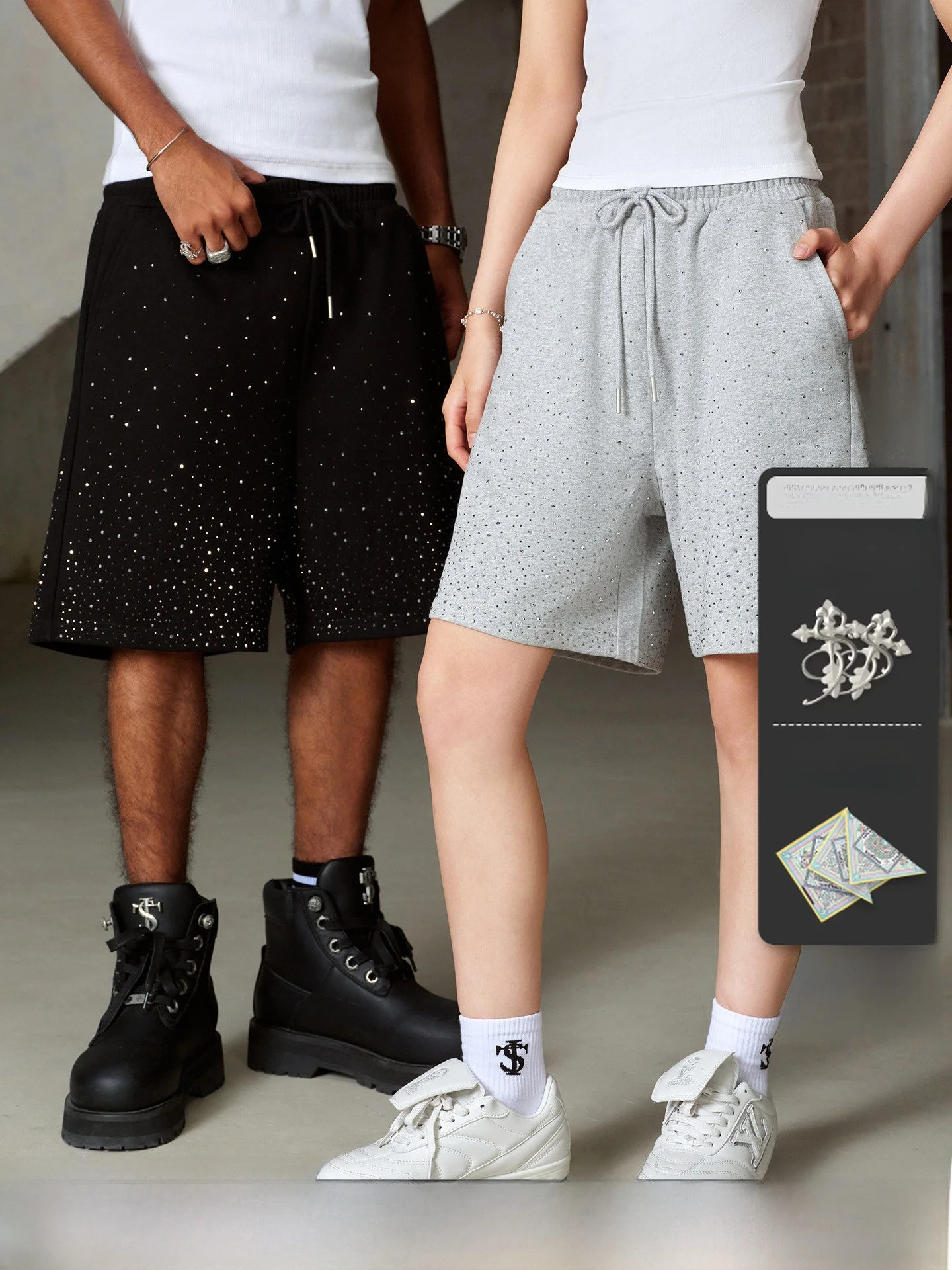 STK SmallTownKid Summer Casual Short Pants Rhinestone Print Slimming Versatile Knitted Cotton Polyester Blend Shorts
