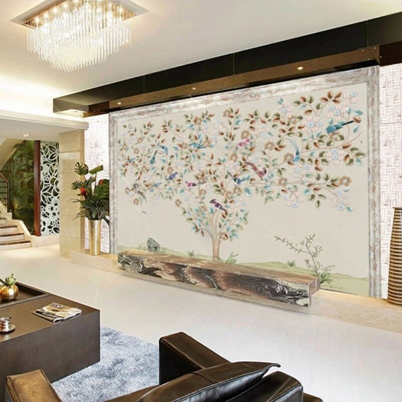 Traditional Chinese Ink Painting Of Flowers And Birds Hand-Drawn In Color Tree-Shaped TV Stand Sofa Cabinet Bedroom Background