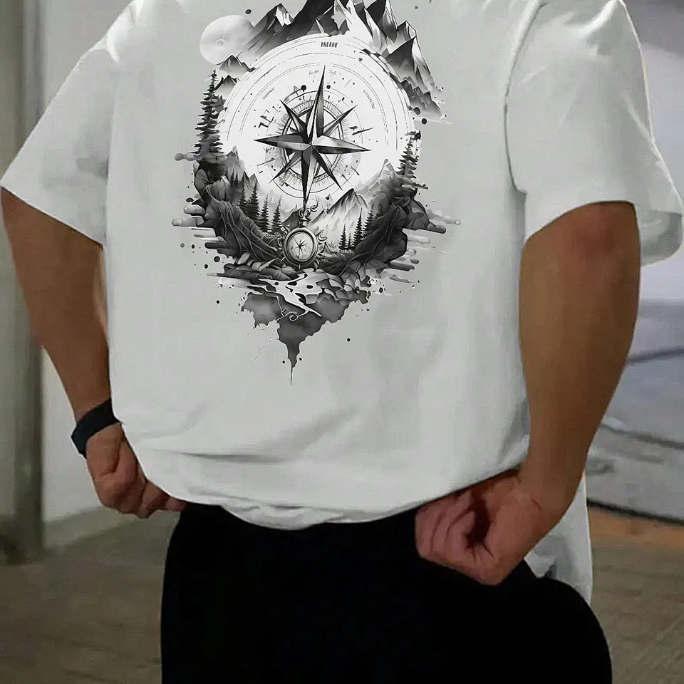 Mens Casual Short Sleeve T Shirt with Compass Design