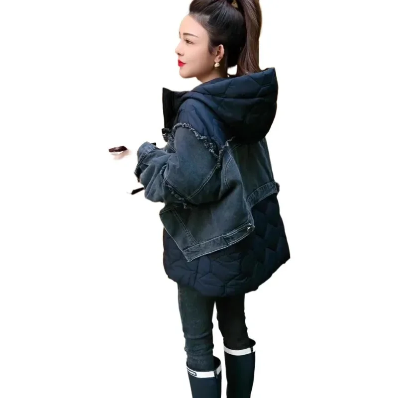 

Good-looking Cowboy Splicing Fake Two-Piece Down Cotton, Women's Korean Loose Hooded Casual Thick Design Jacket, New Parkas