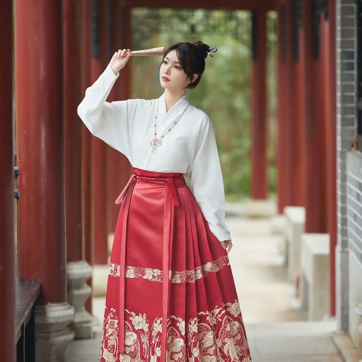 

Китайская юбка с конским лицом Mamianqun — цветочный принт и вышивка, комплект Hanfu для похудения для женщин, элегантный традиционный наряд