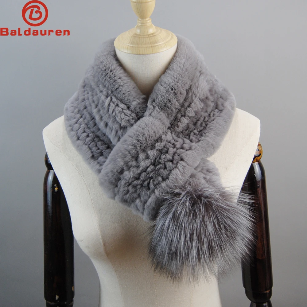 

Winter Genuine Fur Mufflers With Fox Fur Pompoms Knitted Real Fur Lady Scarves Women Handmade 100% Natural Rex Rabbit Fur Scarf