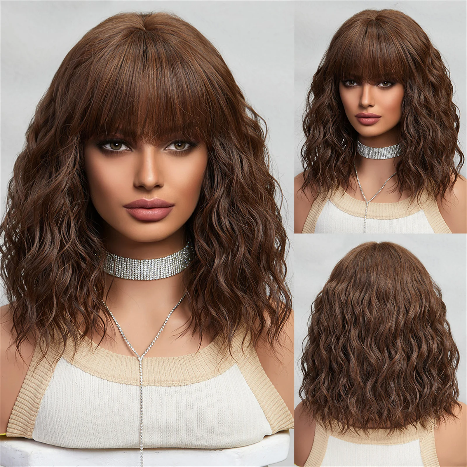 

ESIN Synthetic Yellow Brown Color Wavy Bob Wigs Medium Long Loose Body Wave Wig with Bangs Cosplay Daily Natural Wigs for Women