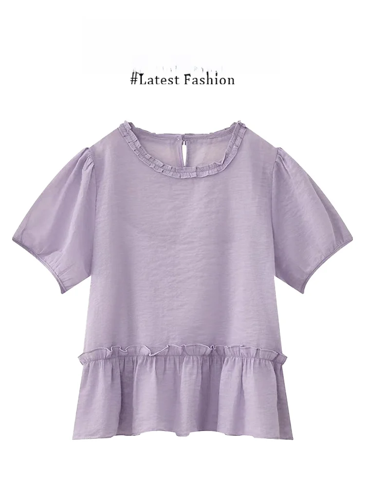 Parkyeon Summer Thin Lace Trim Short Sleeve Top And High Waist Loose Half Skirt Two Piece Set Elegant Fashionable Women's Ens...