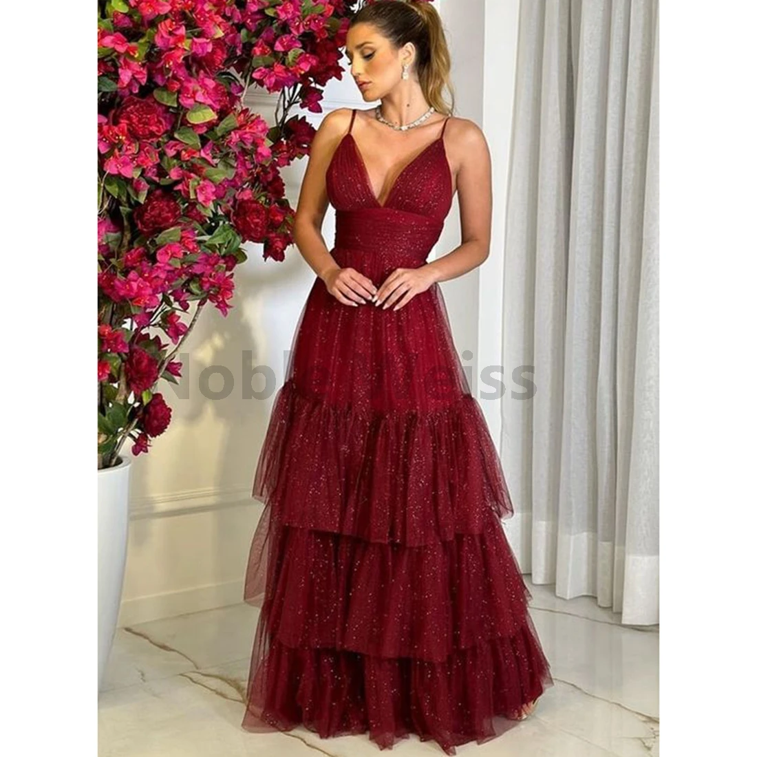 

V-Neck A-LINE Prom Dress Pleated Tulle Evening Gown for Women Customize