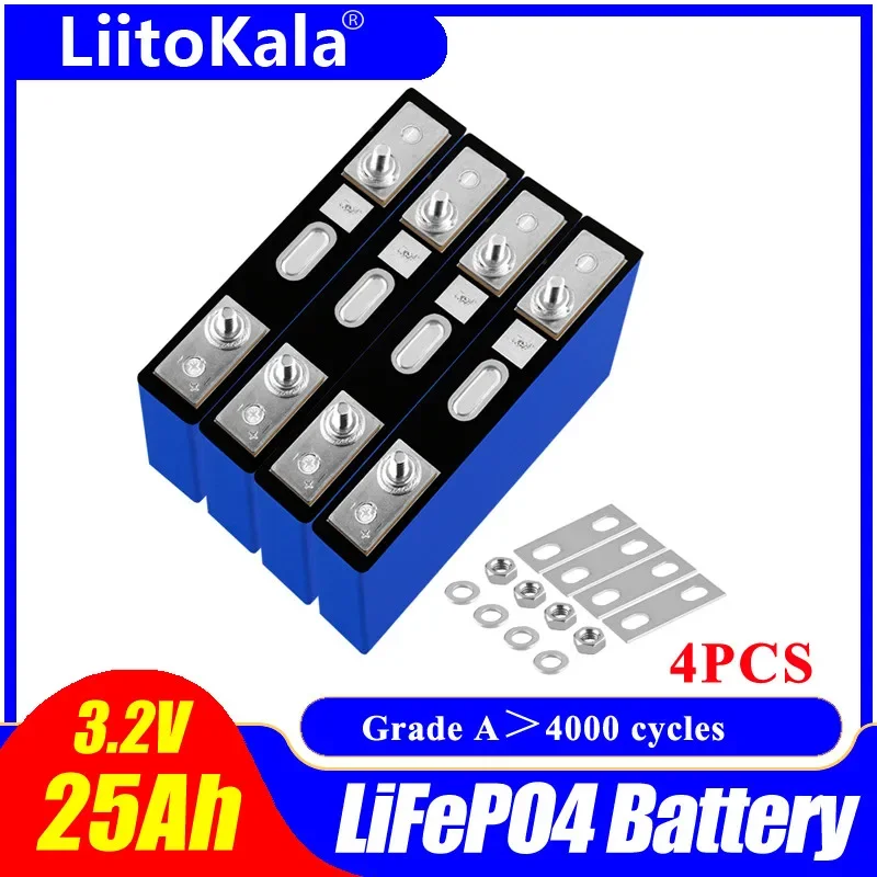 4pcs LiitoKala 3.2V 25Ah LiFePO4 battery cell Lithium iron phosphate deep cycles for Diy 12V 24V 36V 48V solar energy UPS power