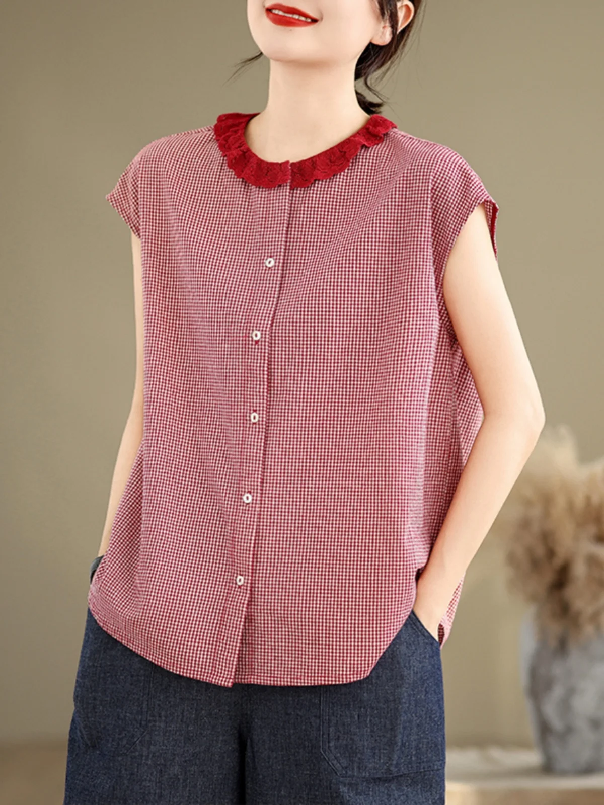 

Ретро японский Sle с цветочным кружевным воротником в клетку из хлопка и льна, женский летний свободный повседневный Agel Svel irt Ele S...