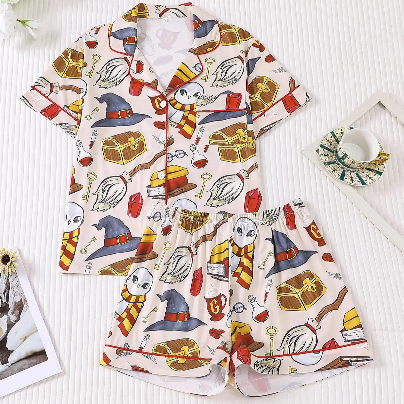 

Casual Daily Women's Pajamas Set 2 Piece Sun Face Print Lapel Collar Long Sleeve Long Pants Soft Stretchy Home Outdoor Sleepwear