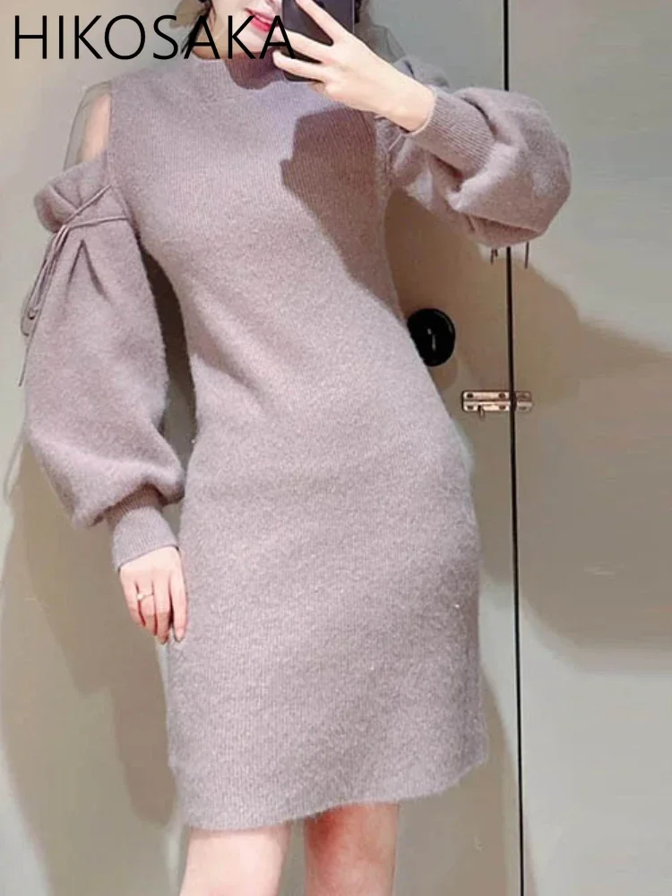 

2024 Winter Gauze Patchwork Robe See Through Off Shoulder Lace-up Long Sleeve Knit Sweater Dress Casual O-neck Vestidos Mujer