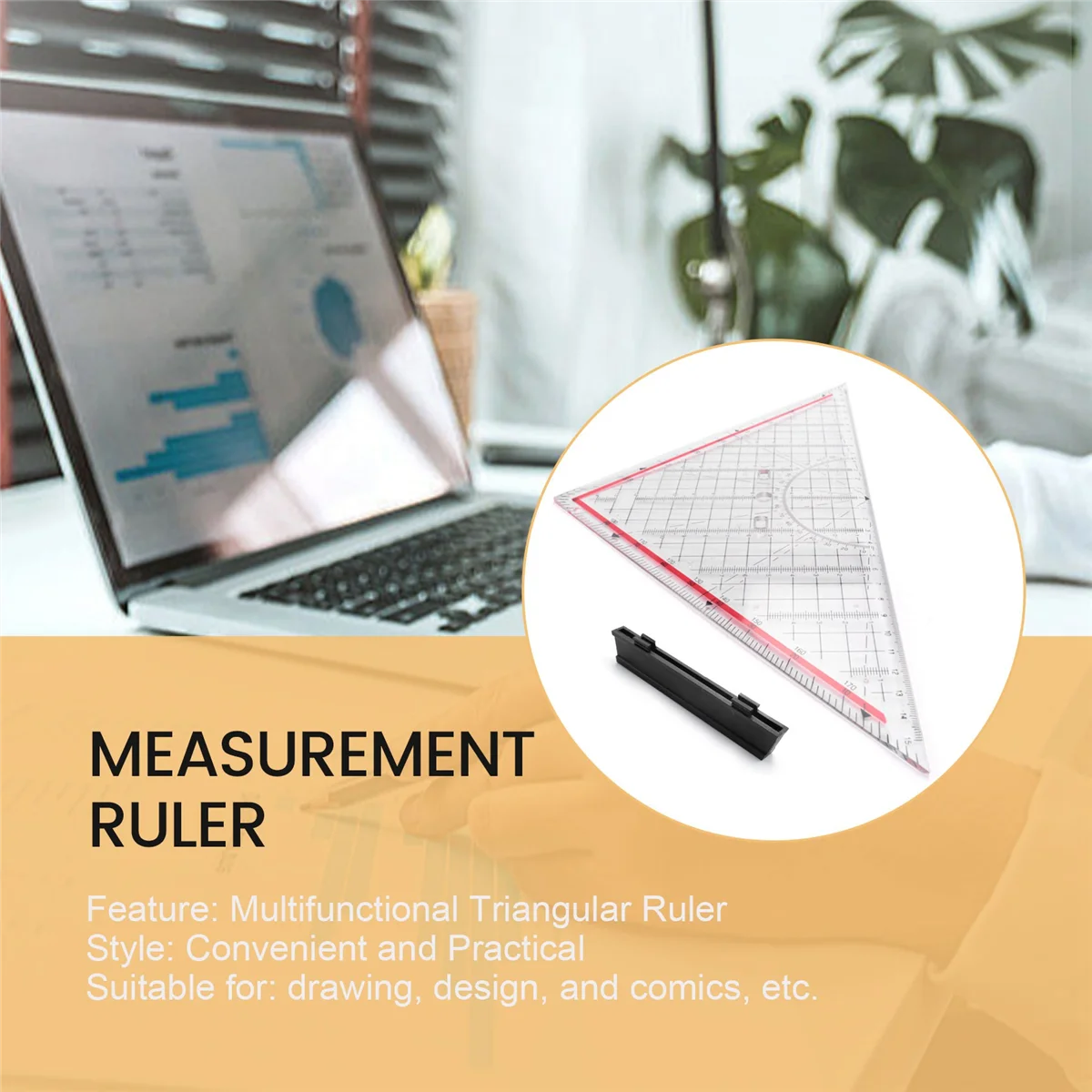 Régua triangular de desenho de 30cm, régua multifuncional de desenho com alça, régua de medição transferidora, papelaria