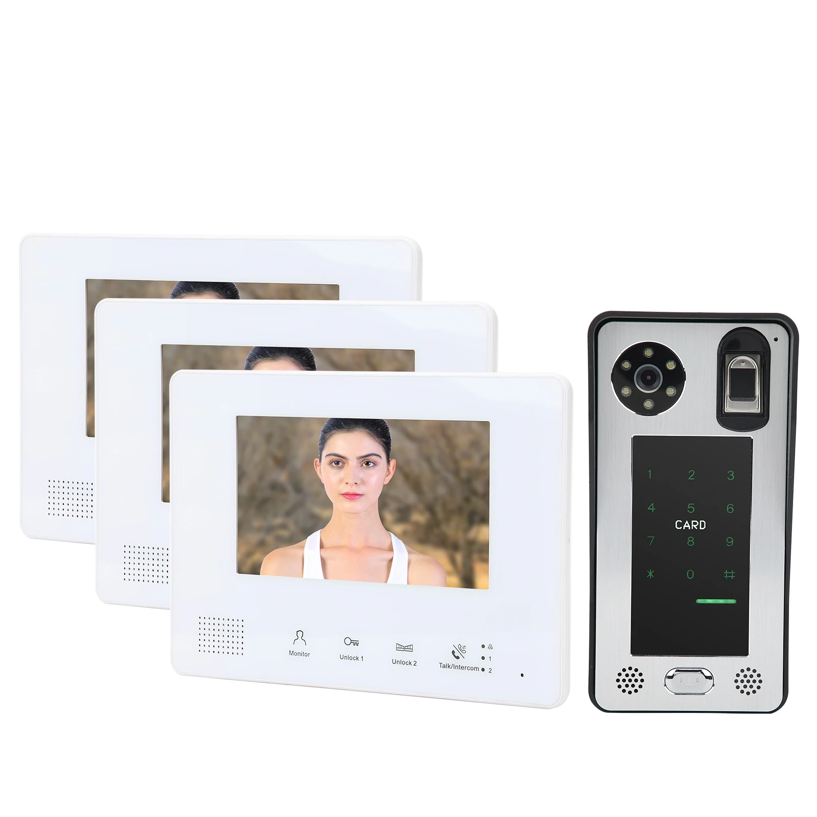 المحمولة 7in TFT LCD الاتصال الداخلي مرئية فيديو التعرف على الوجه جرس الباب 2-السلكية نظام للرؤية الليلية لبطاقة بصمة كلمة المرور