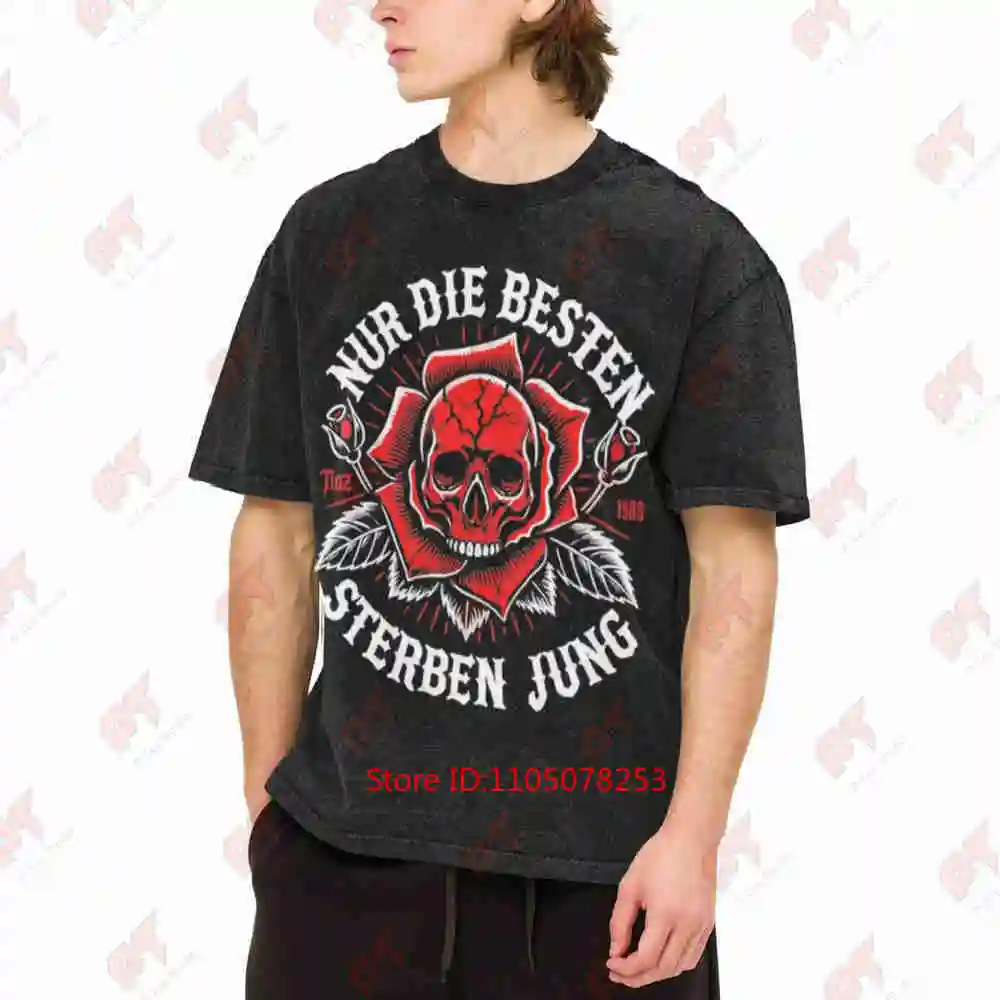 German Text Skull Rose Die Besten Sind Unter Dir Best Are You Red Print Bohemian Style Vintage Washed Tee Pure Cotton T-Shirt