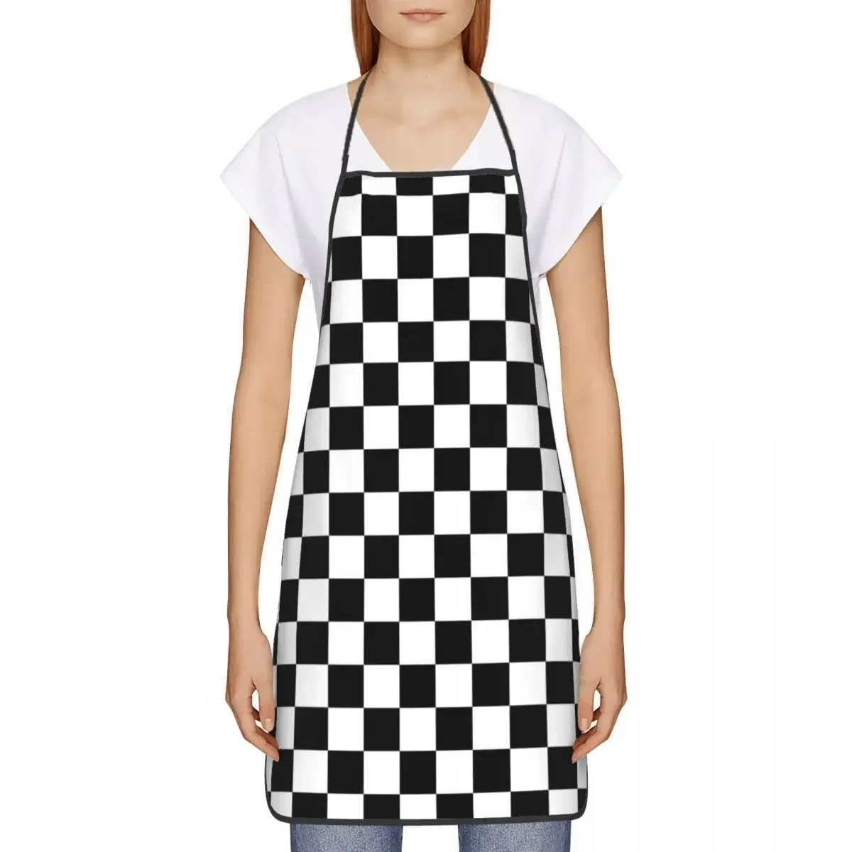 Unisex Black And White Check Checkered Bib Apron Adult Women Men Chef Tablier Cuisine for Cooking Kitchen Chess Board Gardening