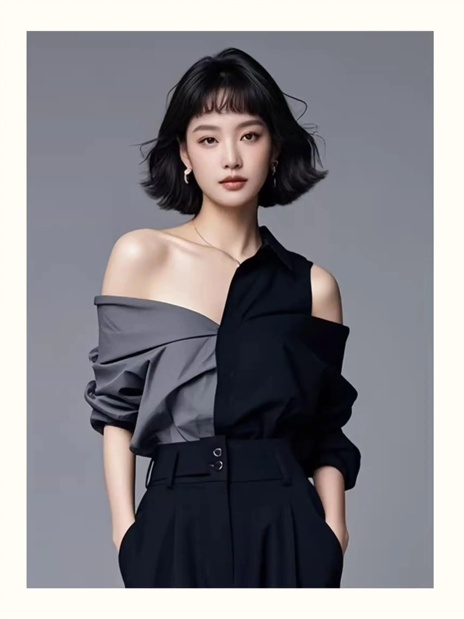 

Unique Korean Style Shoulder Bared Patchwork Shirt Gray Black High Fashion Feeling Spring Summer Women's Loose Fit Long Sleev...