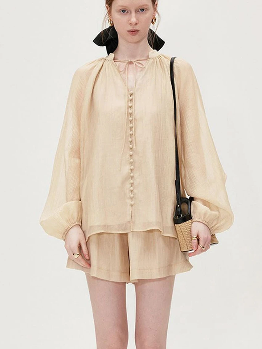 

Marthaqiqi Autumn Ladies Sleepwear Set Long Sleeve Nightgowns Lace Up Pajamas V-Neck Nightie Shorts Casual Female Nightwear Suit