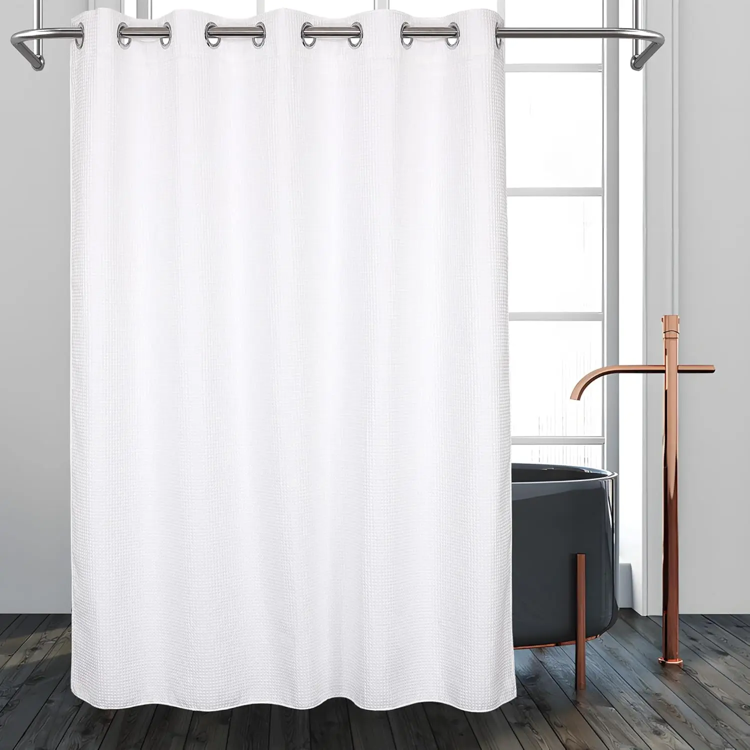 Hotel Grade No Hooks Needed Shower Curtain with Snap in Liner,Water Repellent, Machine Washable (White-No Window