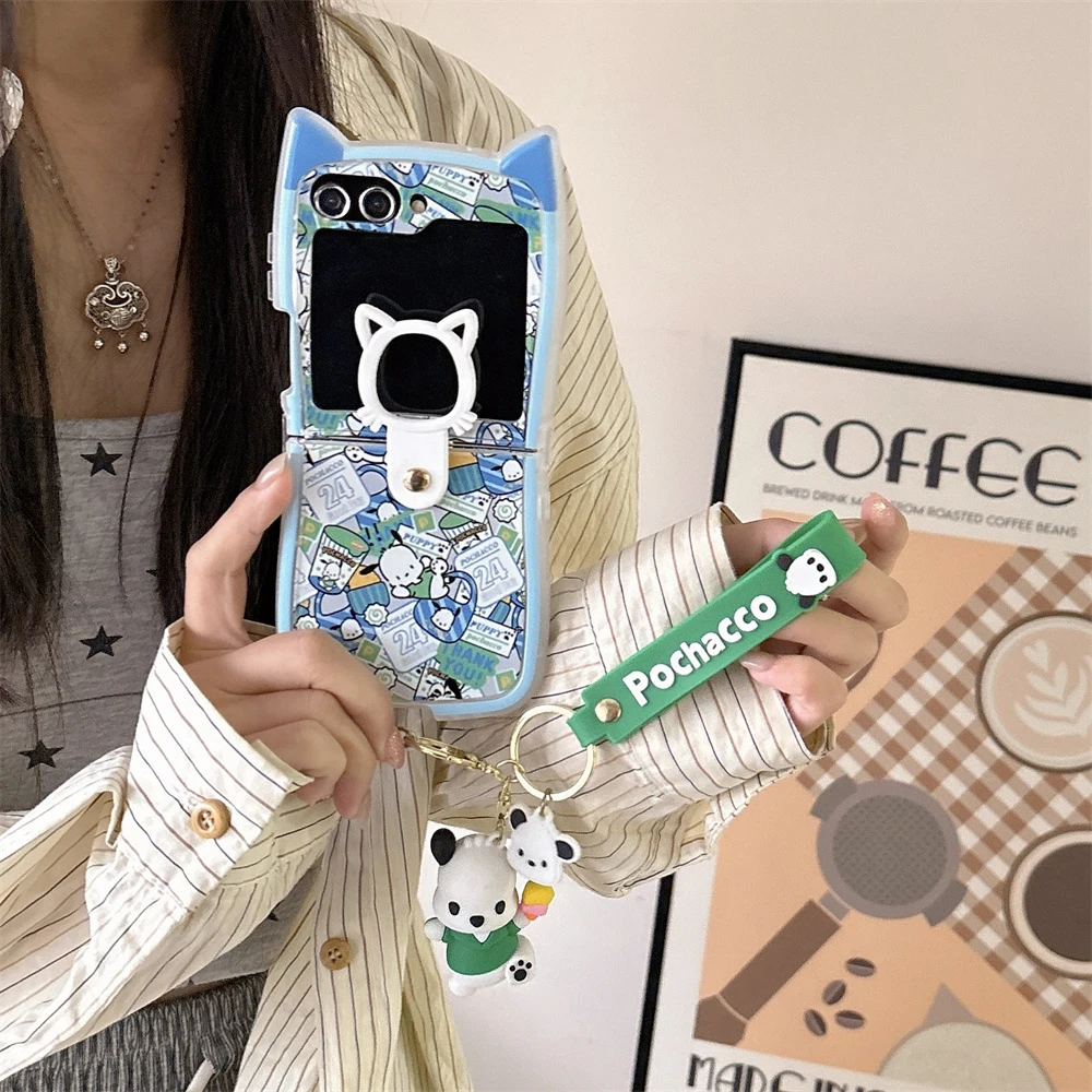 Cute Cartoon Pochacco Hangyodon 3D Cat Ear with Pendant Phone Case for Samsung Galaxy Z Flip 3 4 5 6 5G PC Hard Back Cover Funda