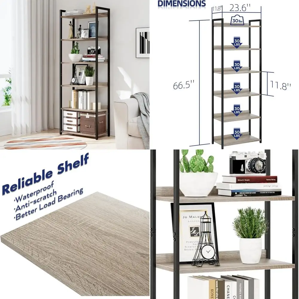 

6-Tier Grey Home Office Bookshelf, Storage Organizer for Books, Ideal for Bedroom, Living Room, and Workspace