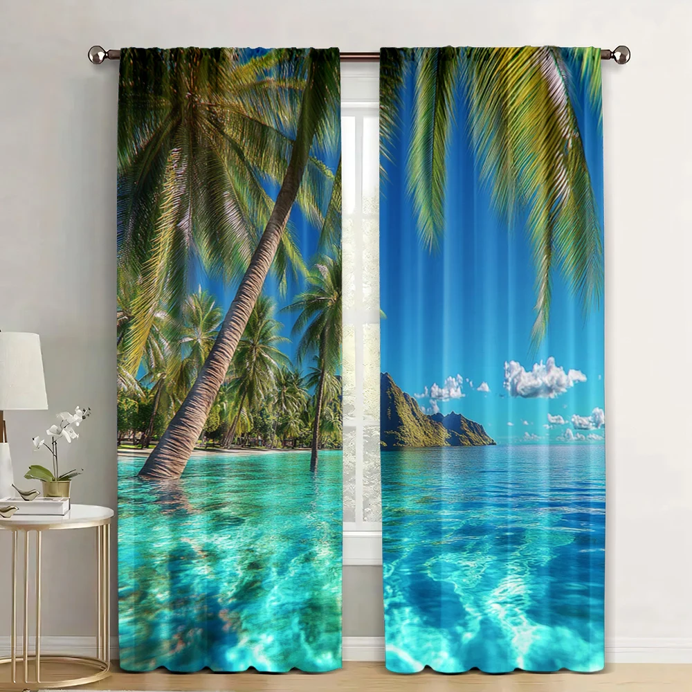 

2pc, Window Treatment Curtains Ocean Tropical Hawaiian Wind Machine Washable Fabric,Without Electricity Wall Decor for