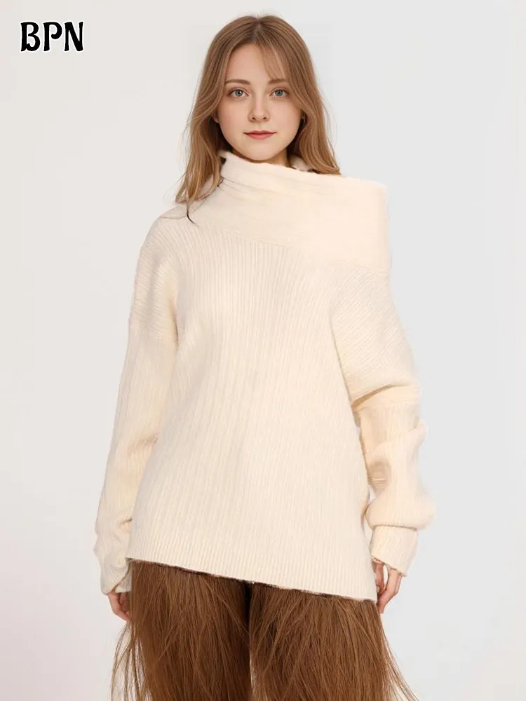 

BPN Fashion Design Knitting Pullover Sweater For Women Diagonal Collar Long Sleeve Minimalist Solid Sweaters Female Clothing New