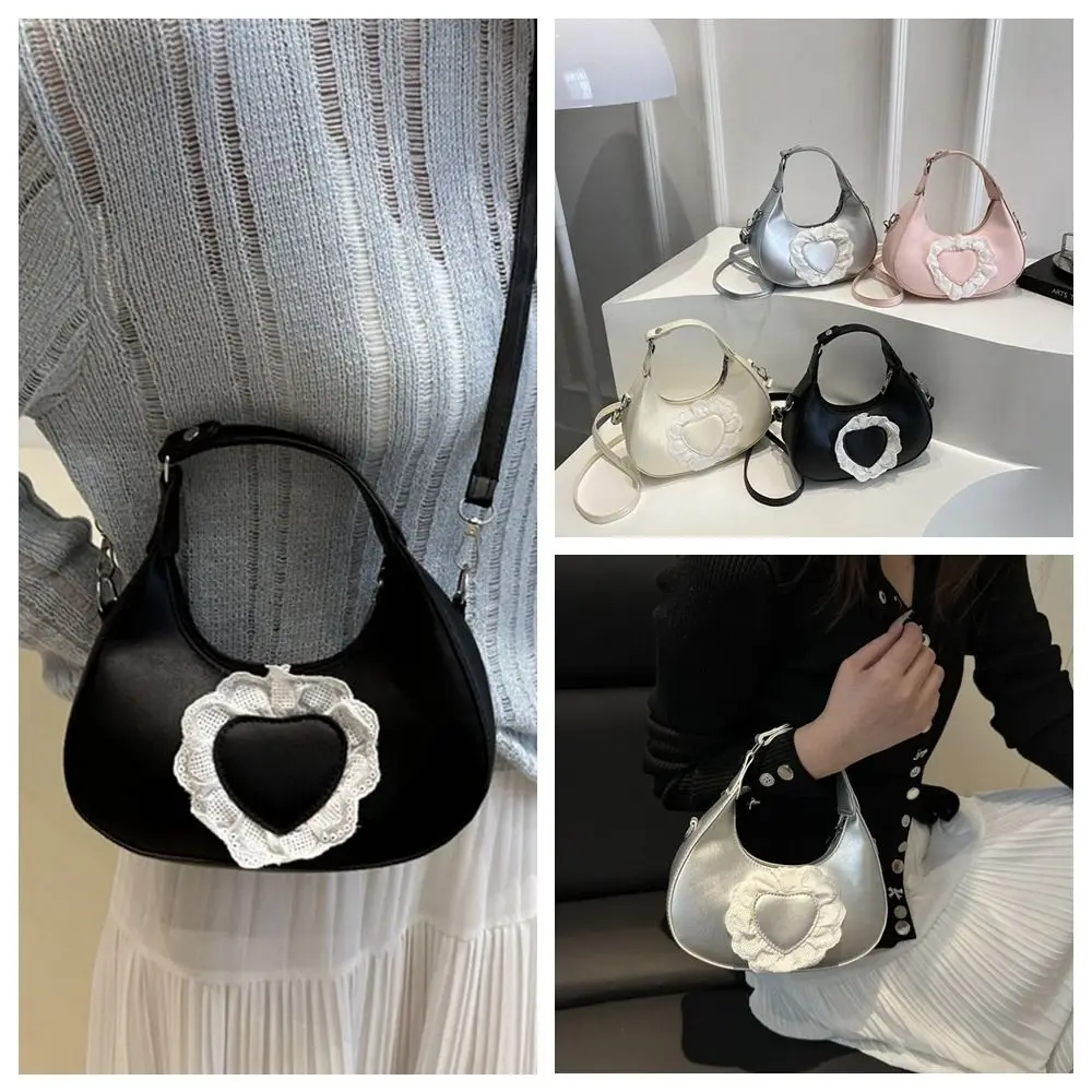 

Solid Color Love Heart Crossbody Bag PU Leather Korean Style Women Underarm Bag Large Capacity All-match Crescent Bag Girls
