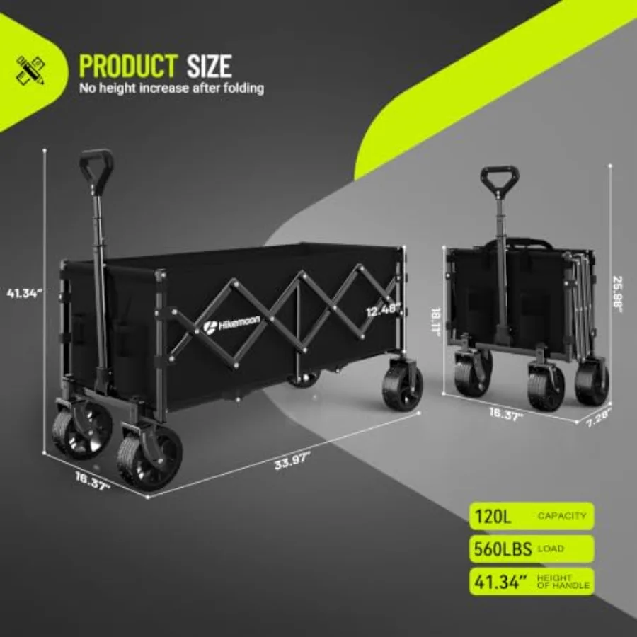 34'' Extra Long Folding Wagon Wide Wheels, 120L 360LBS Black