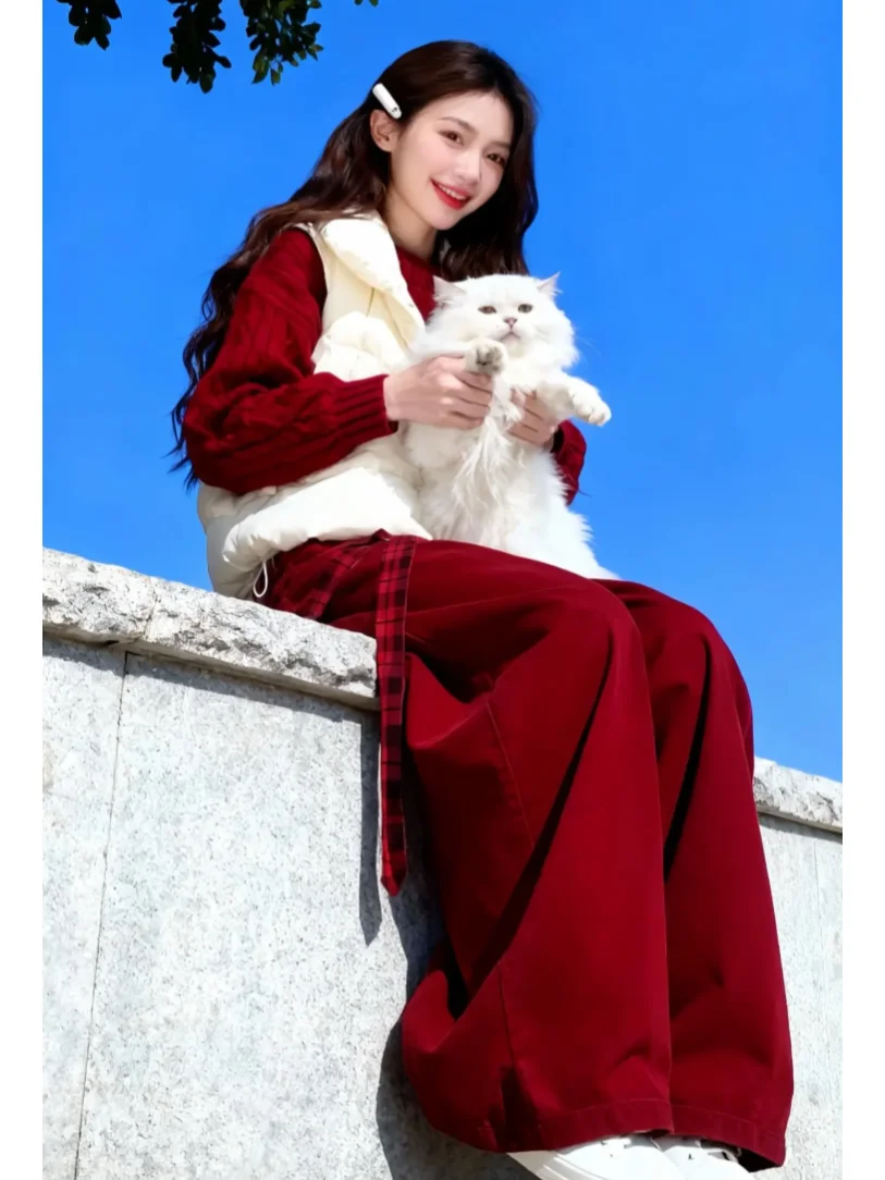 

Red High Waist Knitted Sweater Casual Cotton Vest Women's Tee-Piece Set Faionable Winter Collection Chic Long Sve Top