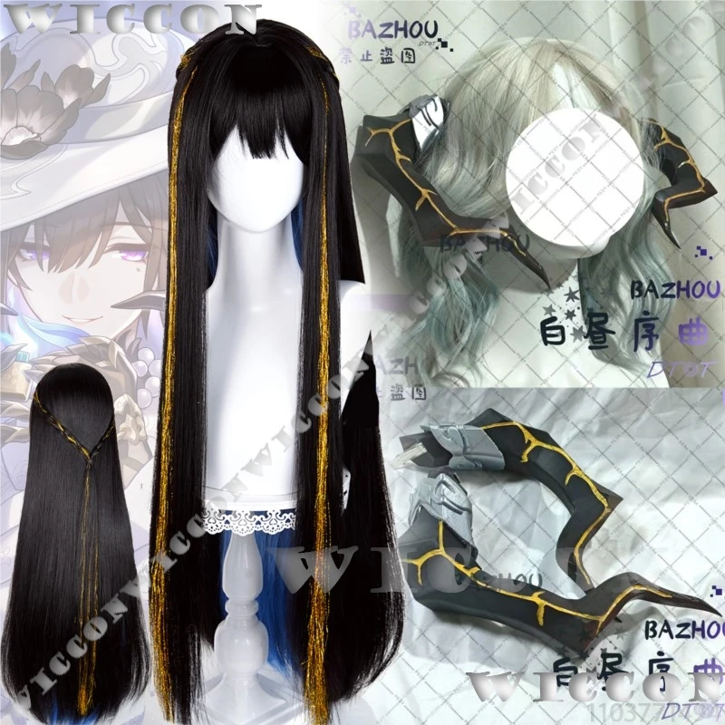 the-dahlia-constance-game-honkai-star-rail-cosplay-perruque-longue-noire-avec-fil-de-soie-dore-corne-noire-halloween-navidad-carnaval