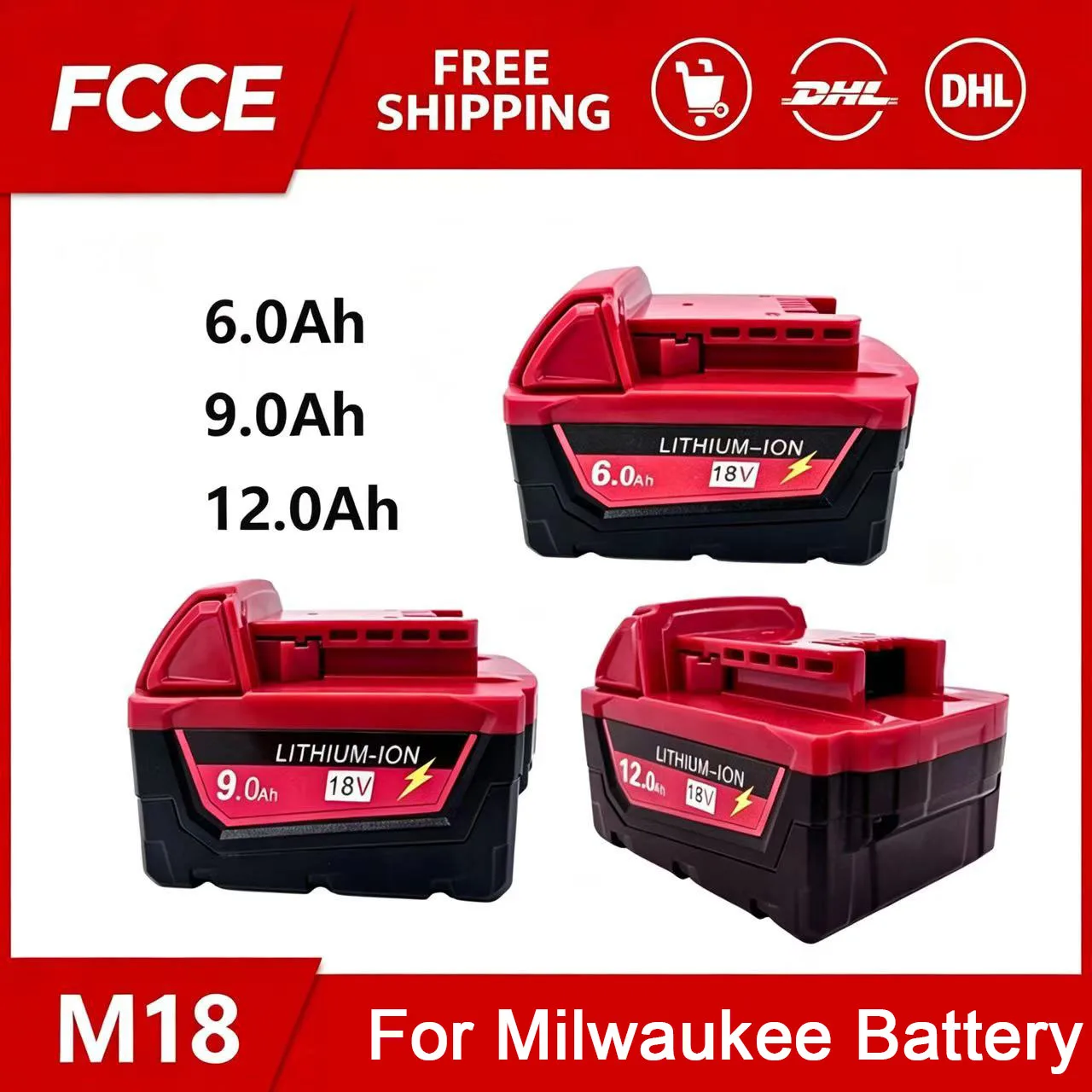For Milwaukee M18 Power Tool Battery, Charger, BR, XC, 18V, 6000mAh M18B5, 48-11-1860, Built-in 18650 Battery 6.0Ah9.0Ah12.0Ah
