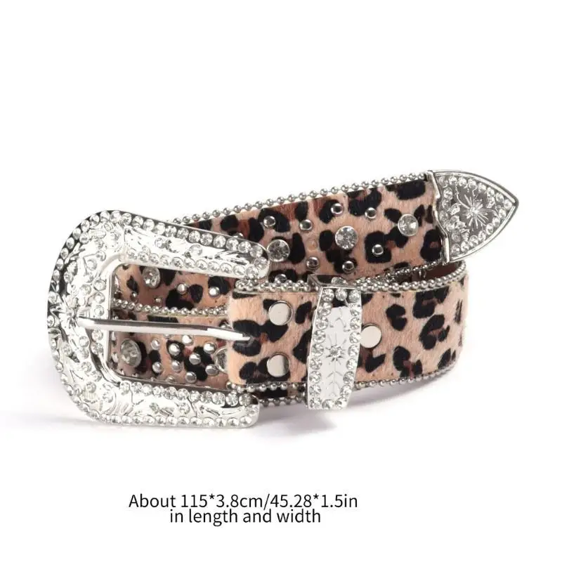 39BB Cinturón con estampado leopardo y hebilla diamantes imitación para fiesta disco para niña